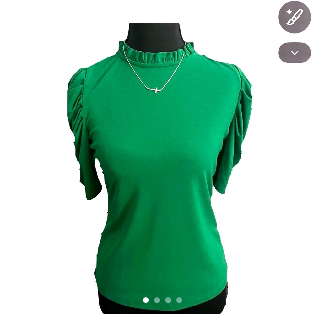 CeCe Green Ruffle Mock Neck Short Sleeve Blouse - Picture 2 of 8